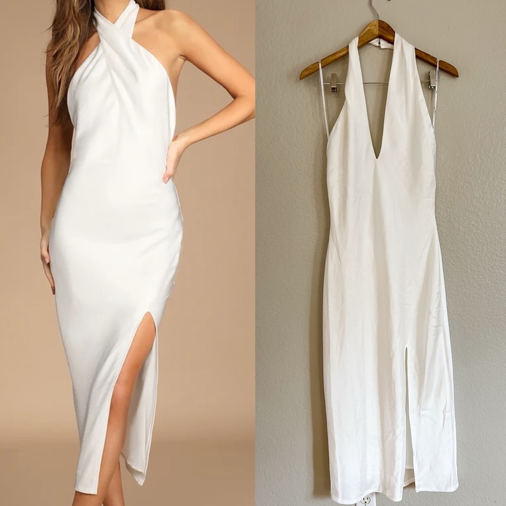 NWOT Beyond Classy White Satin Halter Midi Dress